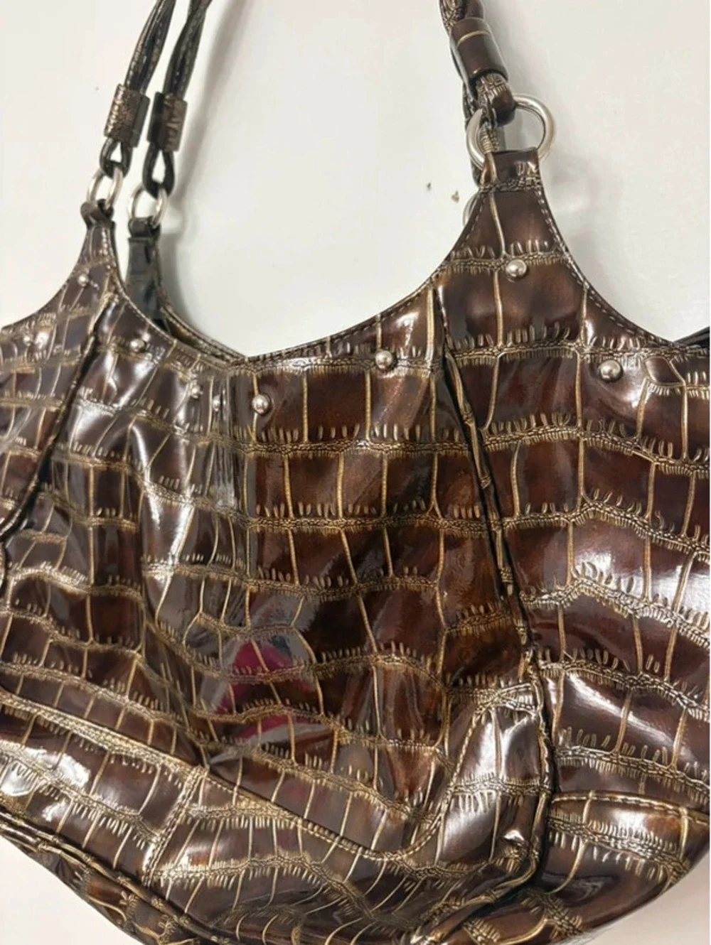 Y2K Brown Croc Embossed Patent Hobo Shoulder Bag